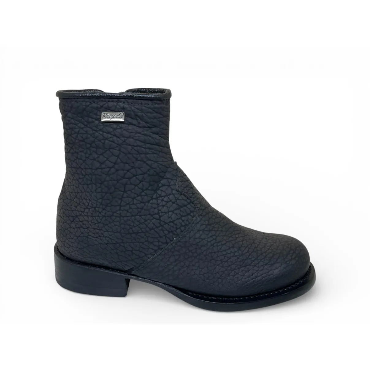 Bota Texana Reizinho Premium de Couro Legítimo de Bisão Preto - Cano Curto Zíper, Bico Redondo - Solado de Couro Artesanal