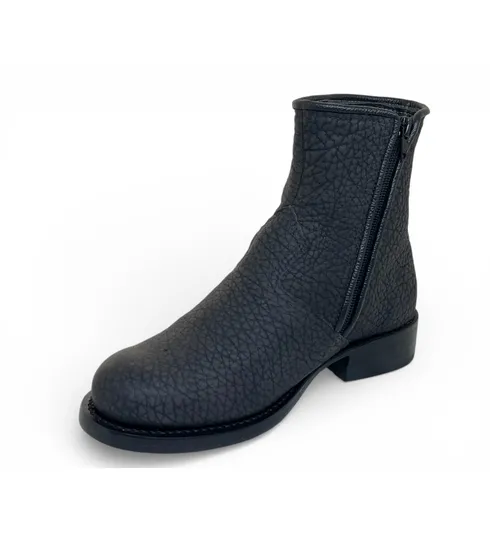 Bota Texana Reizinho Premium de Couro Legítimo de Bisão Preto - Cano Curto Zíper, Bico Redondo - Solado de Couro Artesanal