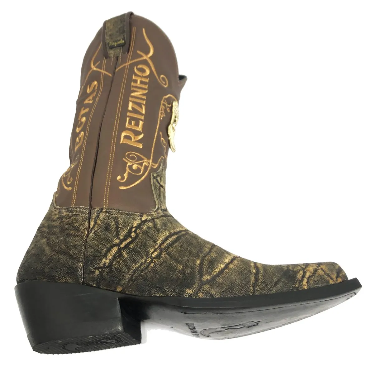 Bota Texana Reizinho Premium de Couro Legítimo de Elefante Black Cognac - Cano Alto, Bico Fino - Solado de Couro Artesanal