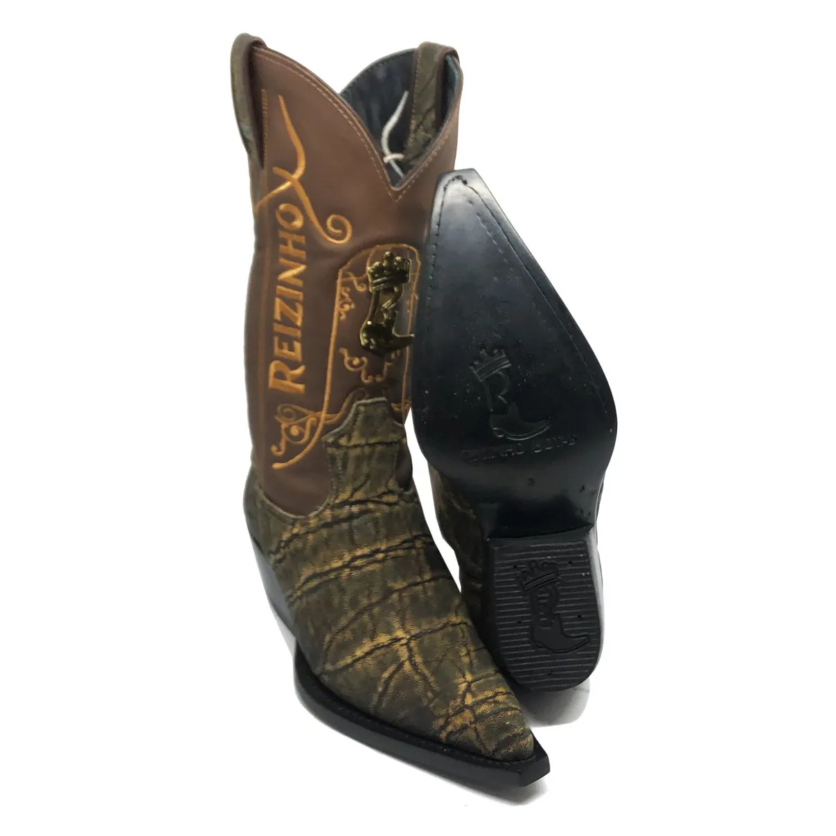 Bota Texana Reizinho Premium de Couro Legítimo de Elefante Black Cognac - Cano Alto, Bico Fino - Solado de Couro Artesanal