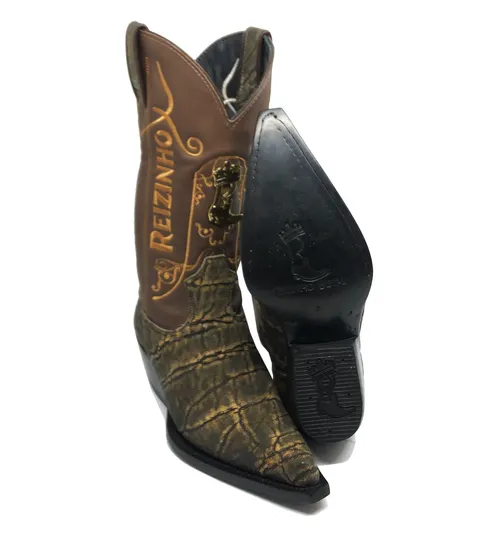 Bota Texana Reizinho Premium de Couro Legítimo de Elefante Black Cognac - Cano Alto, Bico Fino - Solado de Couro Artesanal