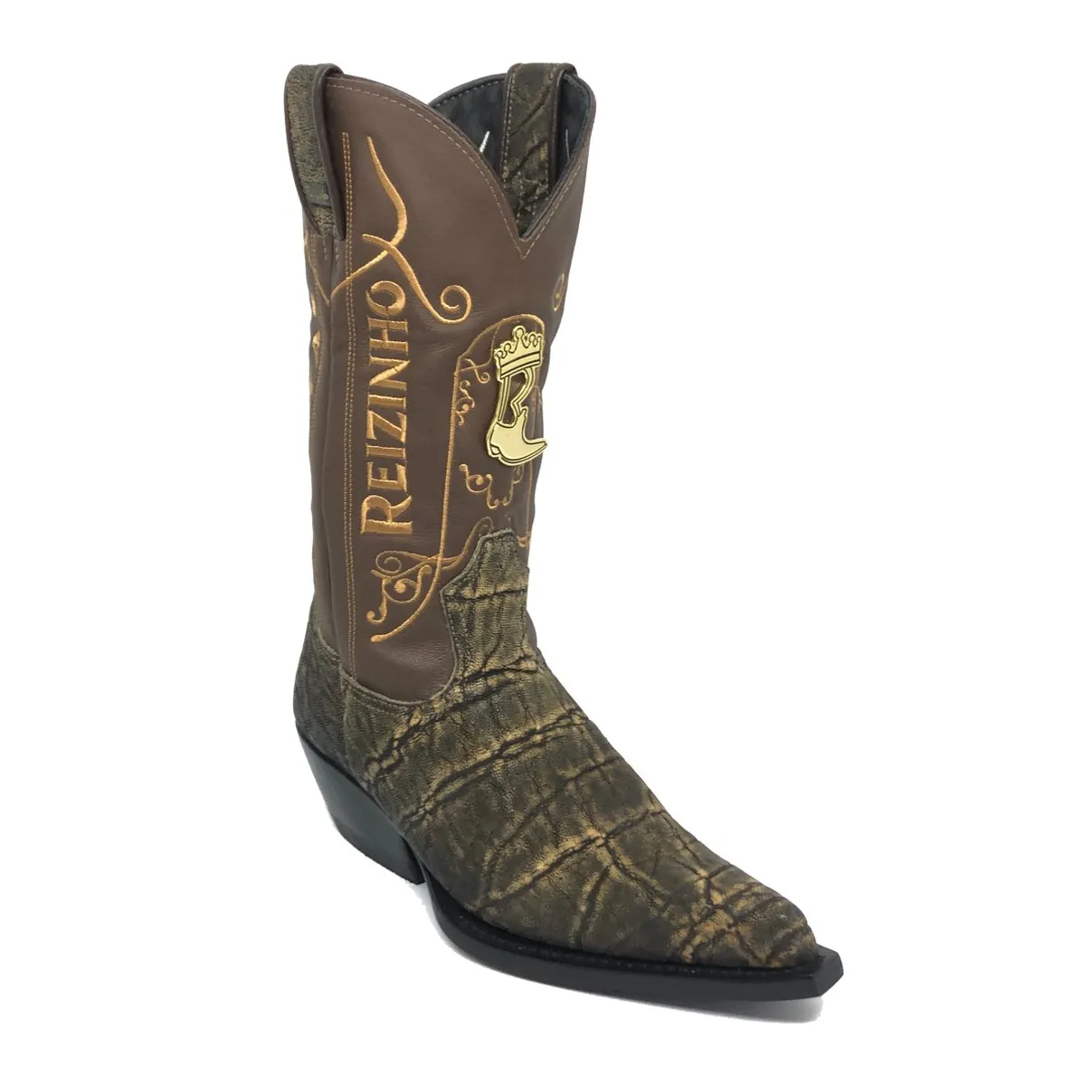 Bota Texana Reizinho Premium de Couro Legítimo de Elefante Black Cognac - Cano Alto, Bico Fino - Solado de Couro Artesanal