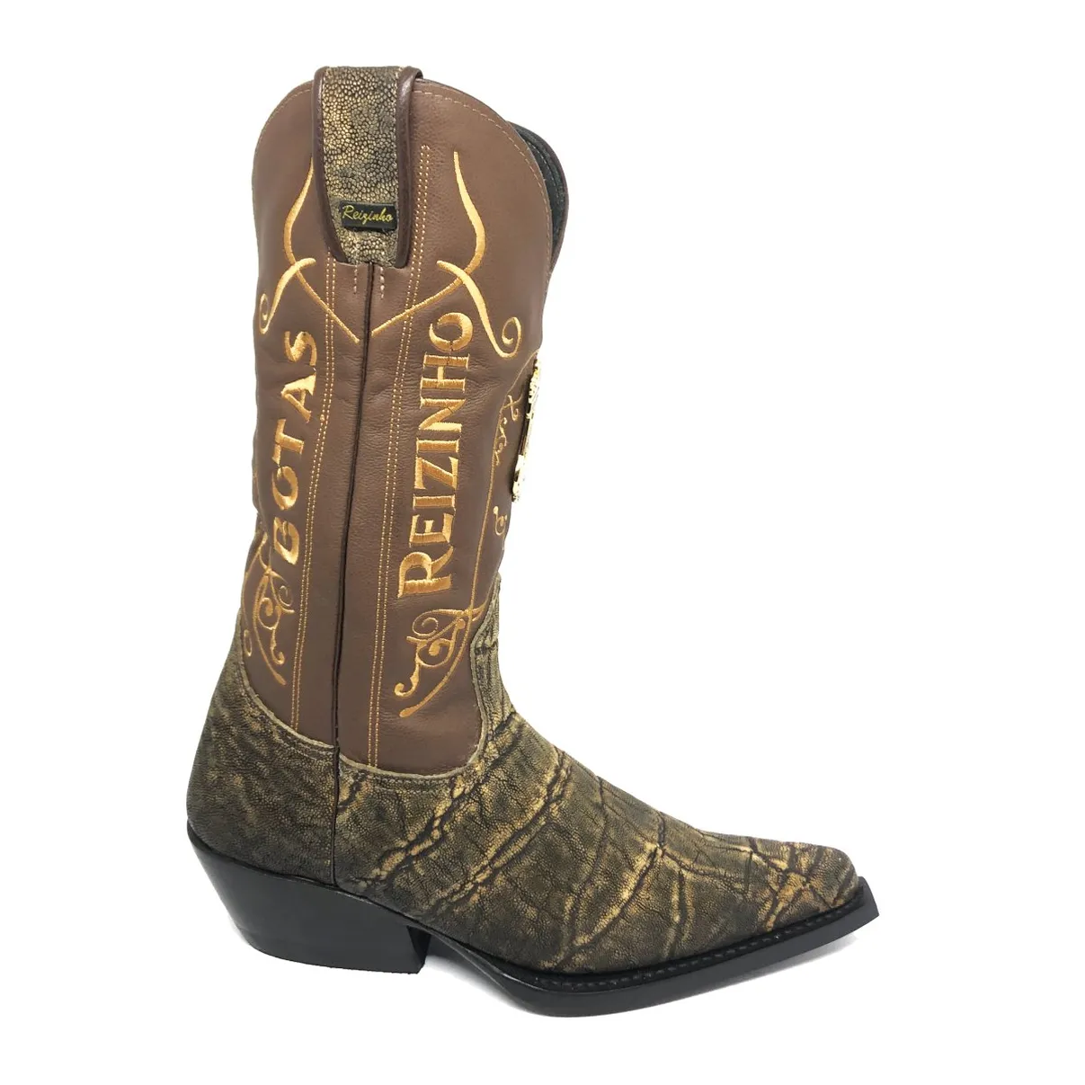 Bota Texana Reizinho Premium de Couro Legítimo de Elefante Black Cognac - Cano Alto, Bico Fino - Solado de Couro Artesanal