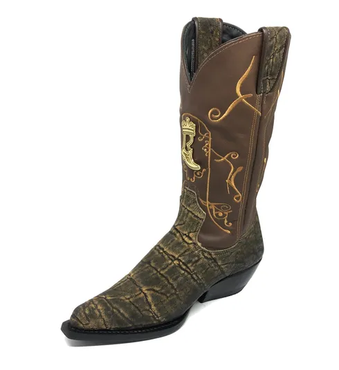 Bota Texana Reizinho Premium de Couro Legítimo de Elefante Black Cognac - Cano Alto, Bico Fino - Solado de Couro Artesanal