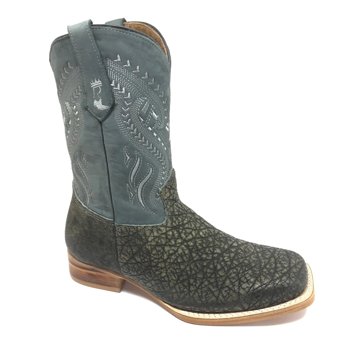 Bota Texana Reizinho Premium de Couro Legítimo de Elefante Cinza Natural LIMITED EDITION - Cano Médio, Bico Quadrado - Solado de Couro Artesanal Injetado