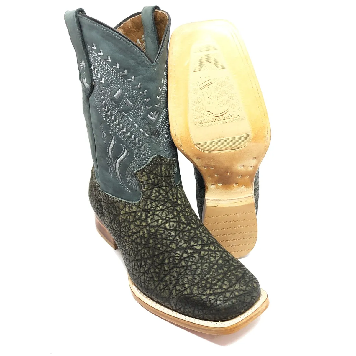 Bota Texana Reizinho Premium de Couro Legítimo de Elefante Cinza Natural LIMITED EDITION - Cano Médio, Bico Quadrado - Solado de Couro Artesanal Injetado