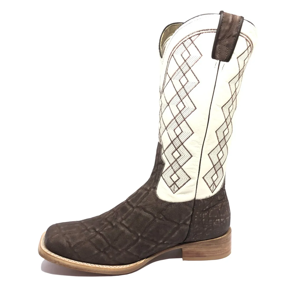 Bota Texana Reizinho Premium de Couro Legítimo de Elefante Marrom - Cano Alto Branco, Bico Quadrado - Solado de Couro Artesanal