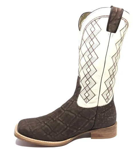 Bota Texana Reizinho Premium de Couro Legítimo de Elefante Marrom - Cano Alto Branco, Bico Quadrado - Solado de Couro Artesanal