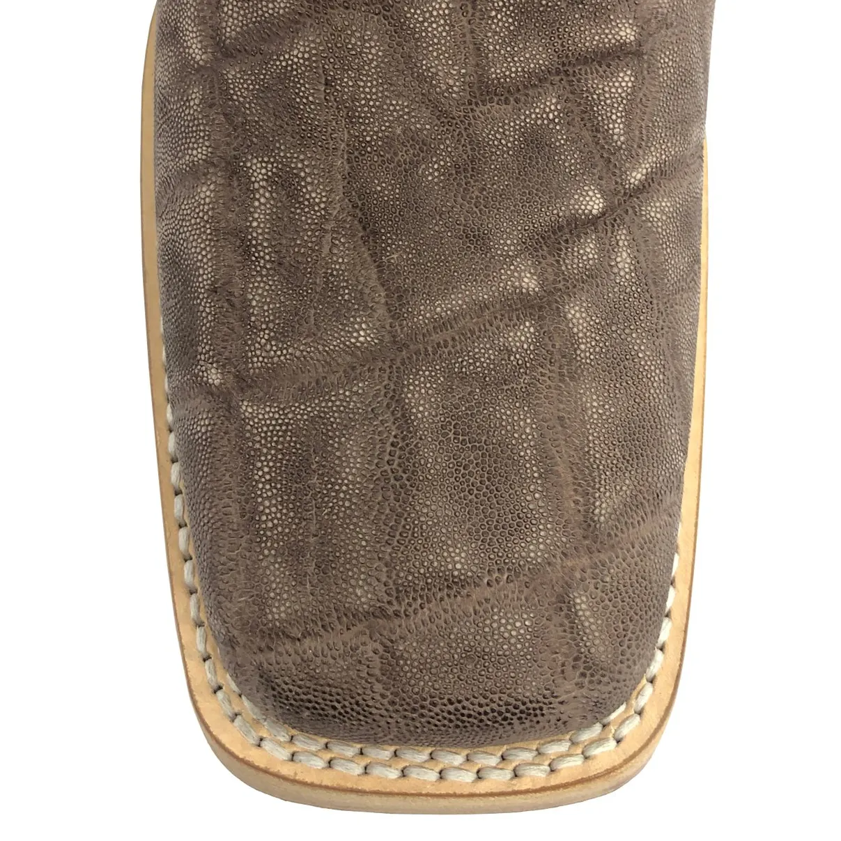 Bota Texana Reizinho Premium de Couro Legítimo de Elefante Marrom - Cano Alto Branco, Bico Quadrado - Solado de Couro Artesanal