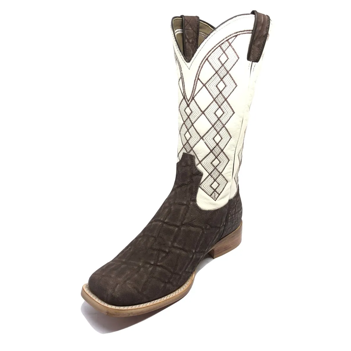 Bota Texana Reizinho Premium de Couro Legítimo de Elefante Marrom - Cano Alto Branco, Bico Quadrado - Solado de Couro Artesanal