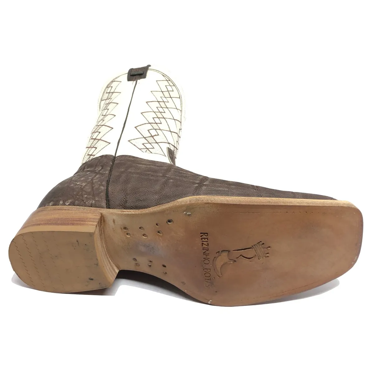 Bota Texana Reizinho Premium de Couro Legítimo de Elefante Marrom - Cano Alto Branco, Bico Quadrado - Solado de Couro Artesanal