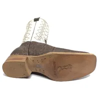 Bota Texana Reizinho Premium de Couro Legítimo de Elefante Marrom - Cano Alto Branco, Bico Quadrado - Solado de Couro Artesanal - imagem 4
