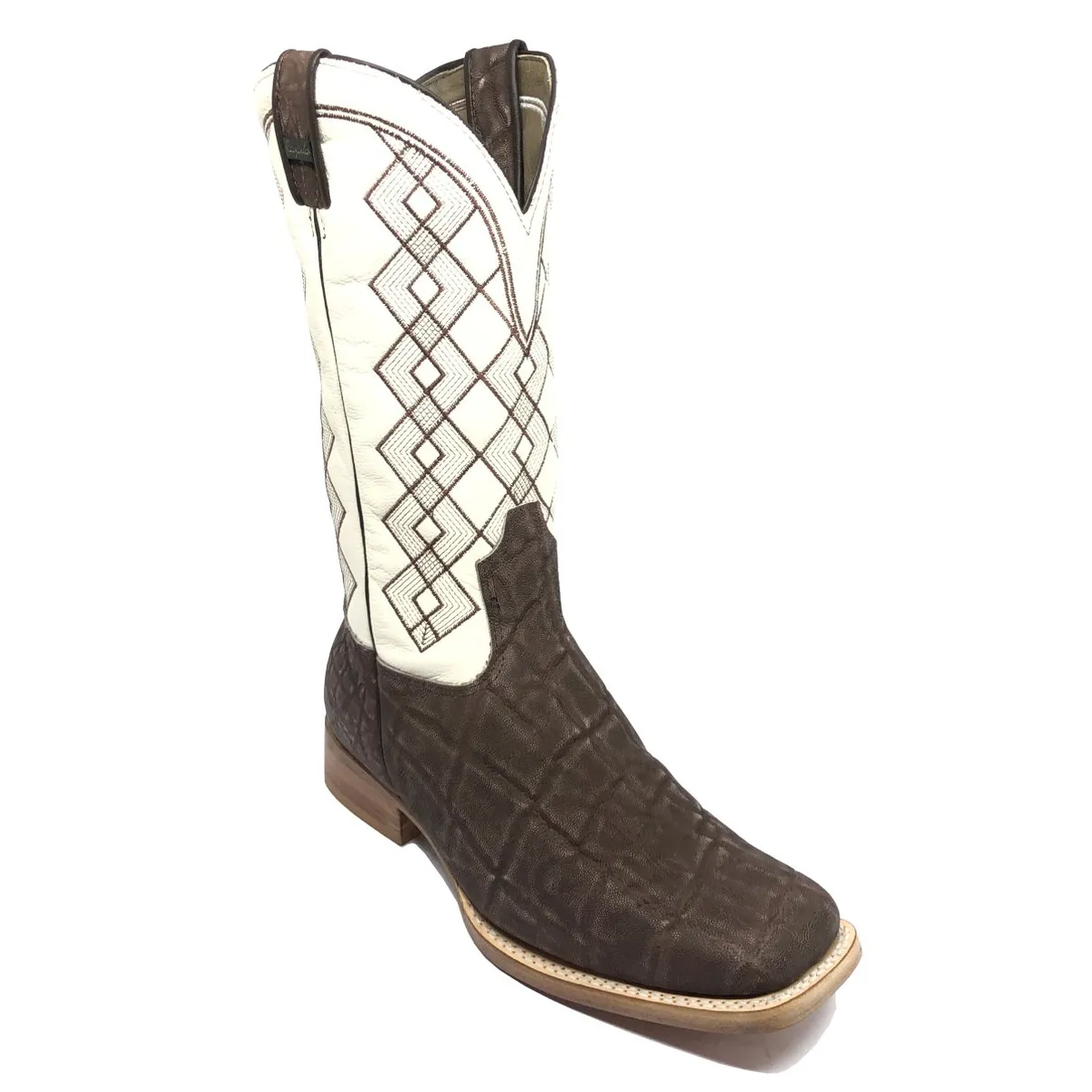 Bota Texana Reizinho Premium de Couro Legítimo de Elefante Marrom - Cano Alto Branco, Bico Quadrado - Solado de Couro Artesanal