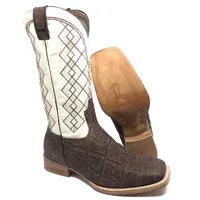 Bota Texana Reizinho Premium de Couro Legítimo de Elefante Marrom - Cano Alto Branco, Bico Quadrado - Solado de Couro Artesanal - imagem 1