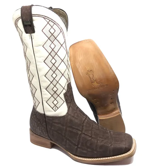 Bota Texana Reizinho Premium de Couro Legítimo de Elefante Marrom - Cano Alto Branco, Bico Quadrado - Solado de Couro Artesanal