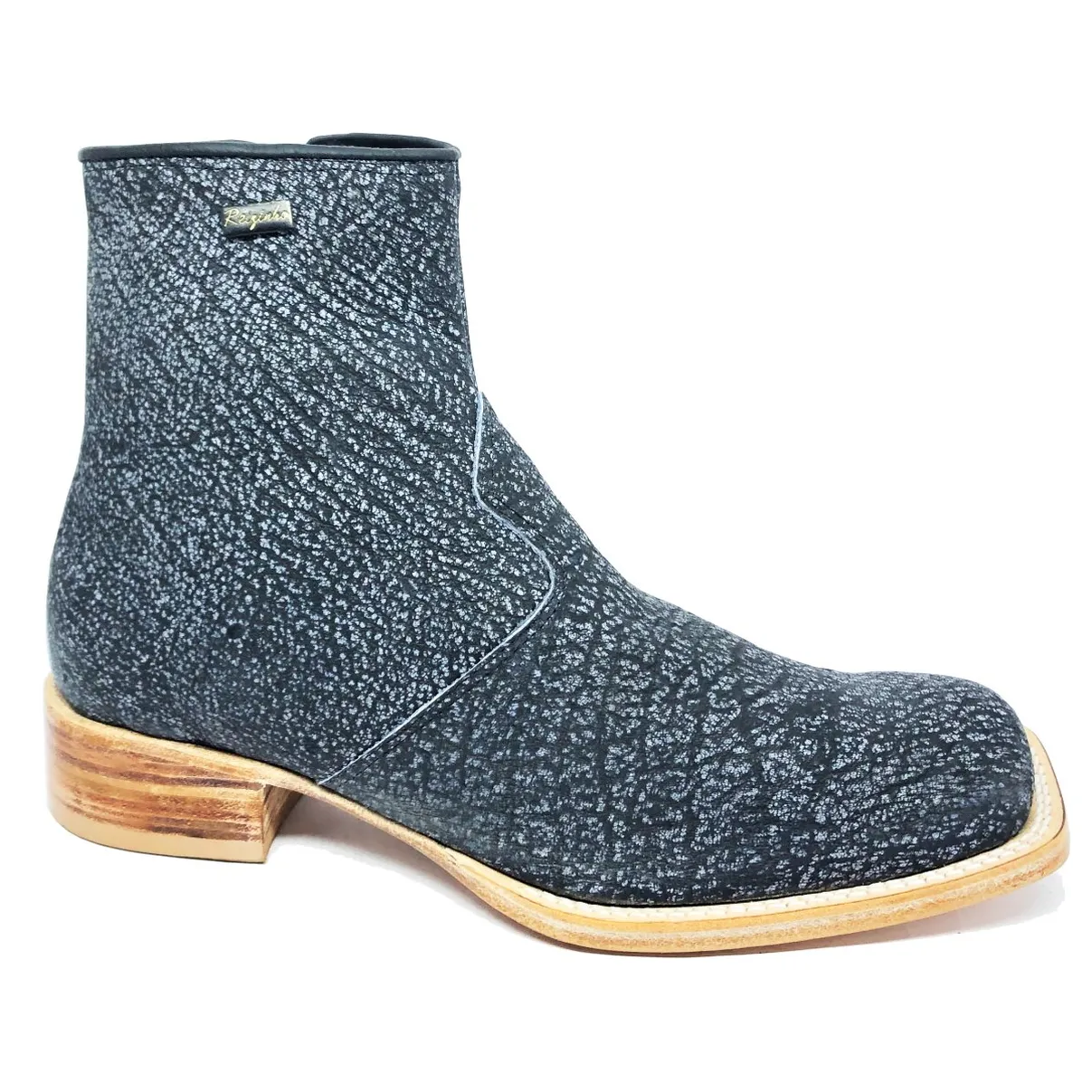 Bota Texana Reizinho Premium de Couro Legítimo de Búfalo Africano Stone - Cano Curto Zíper, Bico Quadrado - Solado de Co