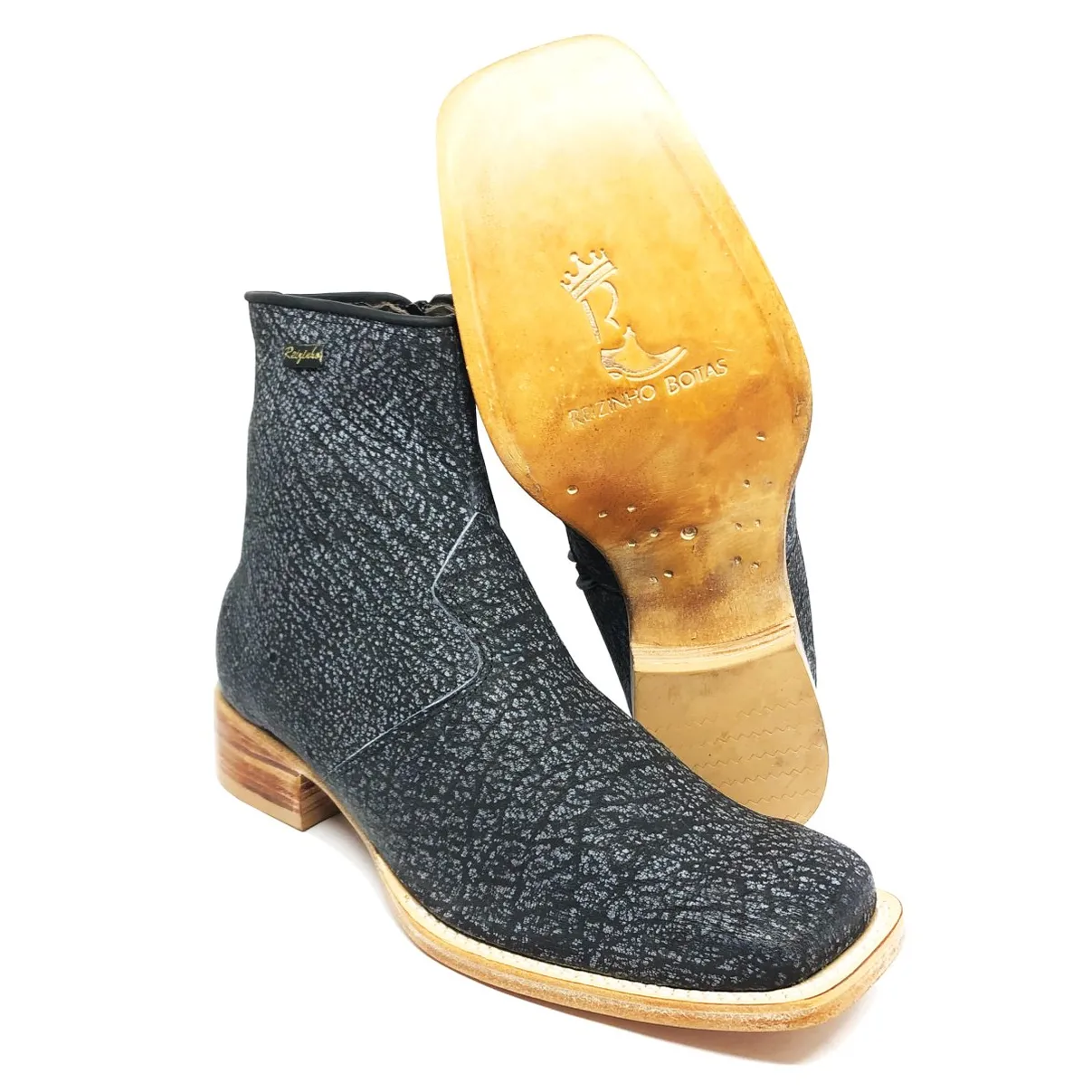 Bota Texana Reizinho Premium de Couro Legítimo de Búfalo Africano Stone - Cano Curto Zíper, Bico Quadrado - Solado de Co