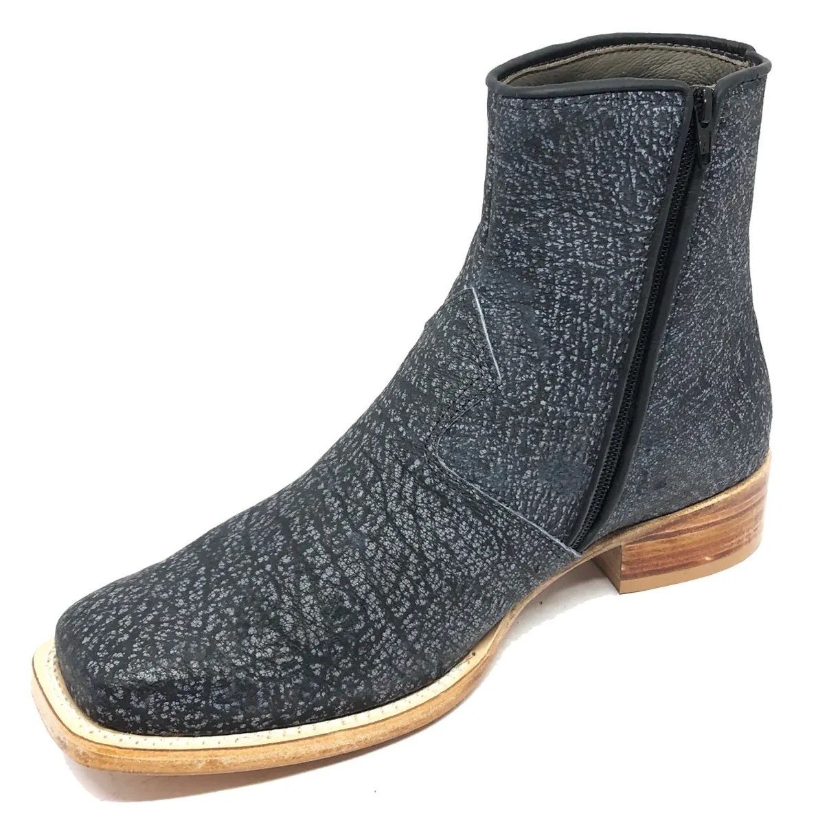 Bota Texana Reizinho Premium de Couro Legítimo de Búfalo Africano Stone - Cano Curto Zíper, Bico Quadrado - Solado de Co