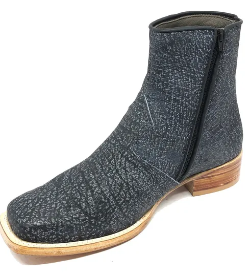 Bota Texana Reizinho Premium de Couro Legítimo de Búfalo Africano Stone - Cano Curto Zíper, Bico Quadrado - Solado de Couro Artesanal | Reizinho Botas