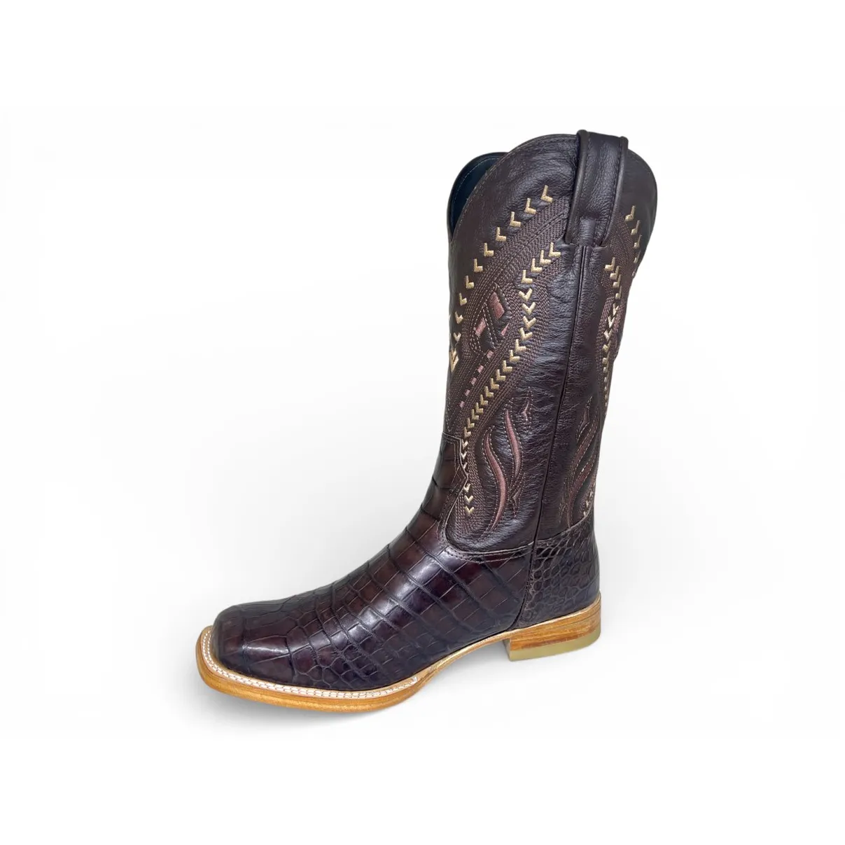 Bota Texana Reizinho Premium de Couro Legítimo de Crocodilo Do Nilo Marrom - Cano Alto, Bico Quadrado - Solado de Couro Artesanal