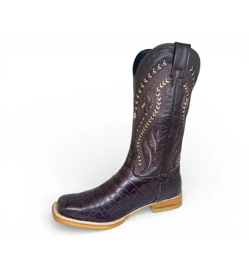 Bota Texana Reizinho Premium de Couro Legítimo de Crocodilo Do Nilo Marrom - Cano Alto, Bico Quadrado - Solado de Couro Artesanal