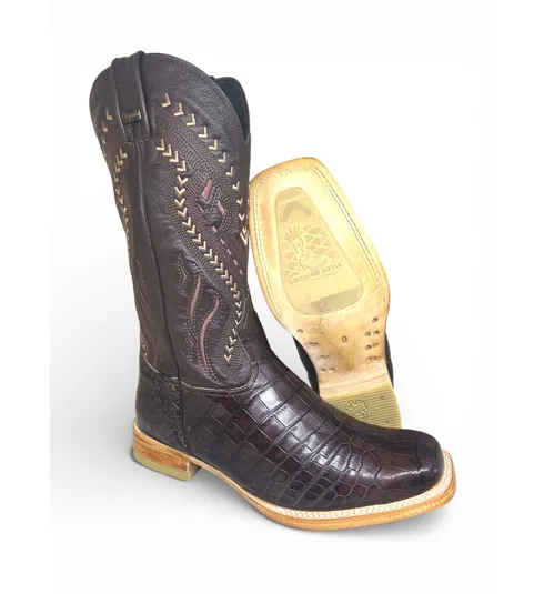 Bota Texana Reizinho Premium de Couro Legítimo de Crocodilo Do Nilo Marrom - Cano Alto, Bico Quadrado - Solado de Couro Artesanal