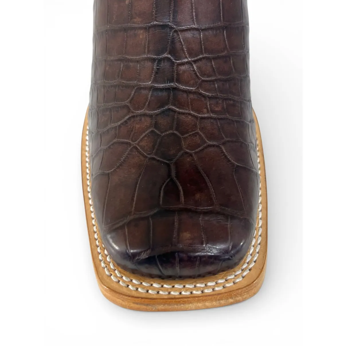 Bota Texana Reizinho Premium de Couro Legítimo de Crocodilo Do Nilo Marrom - Cano Alto, Bico Quadrado - Solado de Couro Artesanal