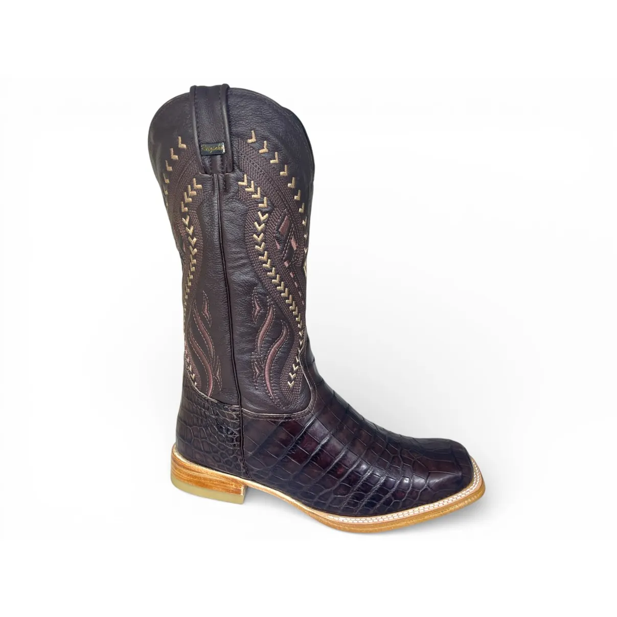 Bota Texana Reizinho Premium de Couro Legítimo de Crocodilo Do Nilo Marrom - Cano Alto, Bico Quadrado - Solado de Couro Artesanal