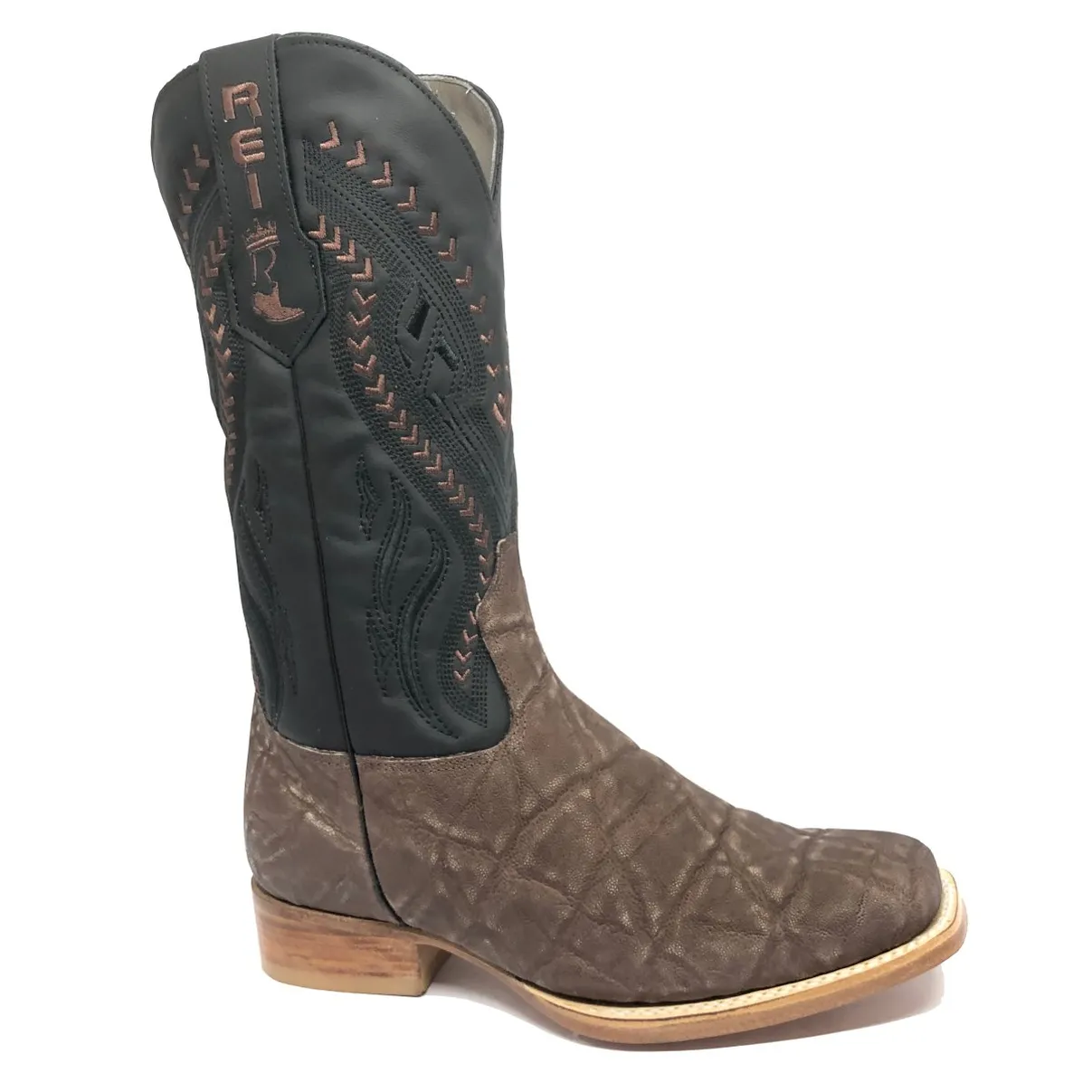 Bota Texana Reizinho Premium de Couro Legítimo de Elefante Marrom - Cano Alto Preto, Bico Quadrado - Solado de Couro Artesanal
