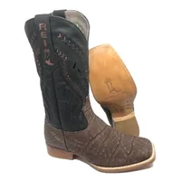 Bota Texana Reizinho Premium de Couro Legítimo de Elefante Marrom - Cano Alto Preto, Bico Quadrado - Solado de Couro Artesanal - imagem 1