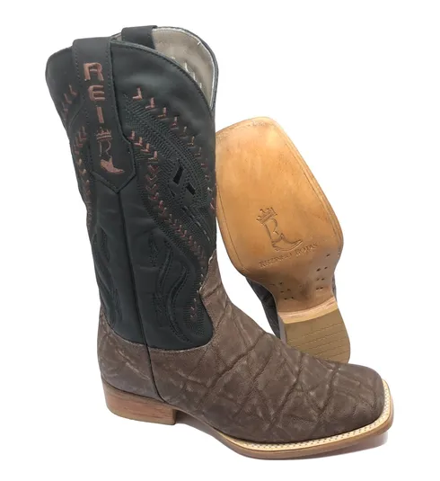 Bota Texana Reizinho Premium de Couro Legítimo de Elefante Marrom - Cano Alto Preto, Bico Quadrado - Solado de Couro Artesanal | Reizinho Botas