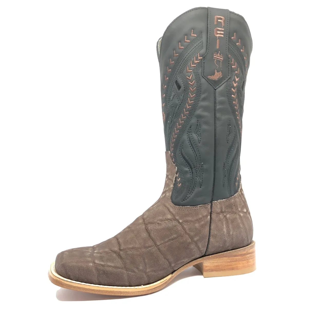 Bota Texana Reizinho Premium de Couro Legítimo de Elefante Marrom - Cano Alto Preto, Bico Quadrado - Solado de Couro Artesanal