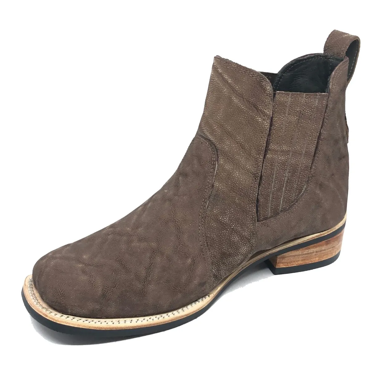 Bota Texana Reizinho Premium de Couro Legítimo de Elefante Marrom - Cano Curto Elástico, Bico Quadrado - Solado X-Flex Artesanal