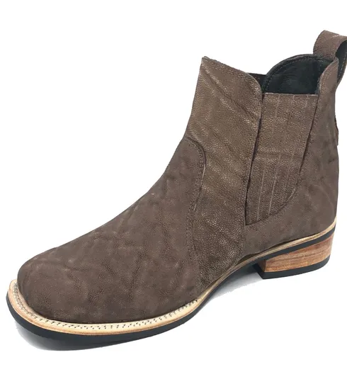 Bota Texana Reizinho Premium de Couro Legítimo de Elefante Marrom - Cano Curto Elástico, Bico Quadrado - Solado X-Flex Artesanal
