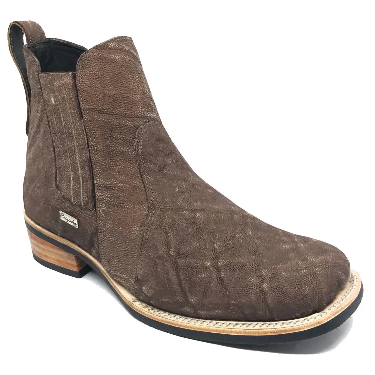 Bota Texana Reizinho Premium de Couro Legítimo de Elefante Marrom - Cano Curto Elástico, Bico Quadrado - Solado X-Flex Artesanal