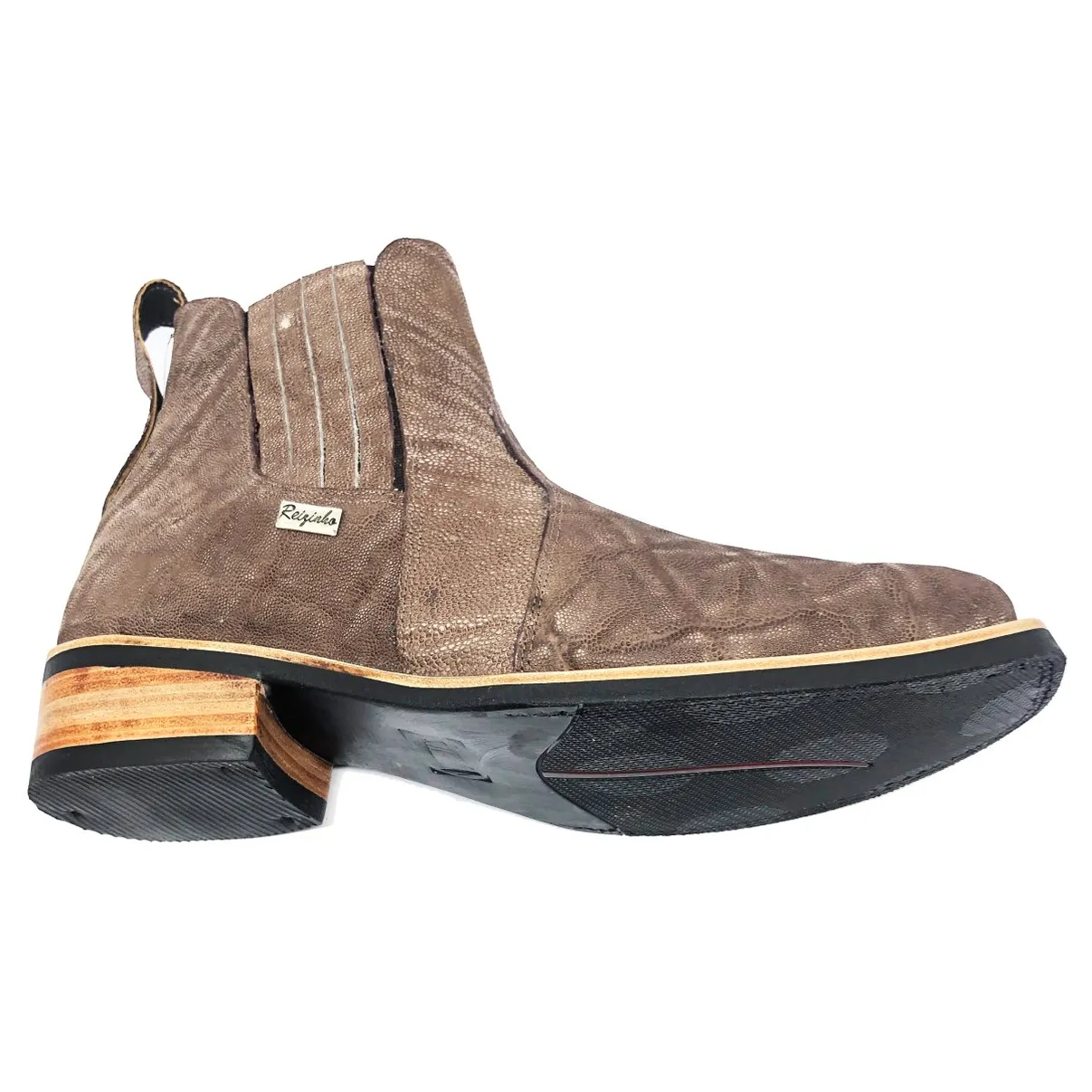 Bota Texana Reizinho Premium de Couro Legítimo de Elefante Marrom - Cano Curto Elástico, Bico Quadrado - Solado X-Flex Artesanal