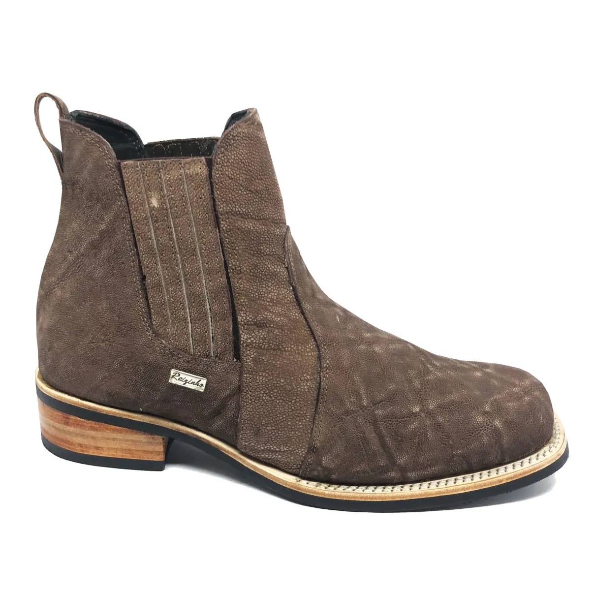 Bota Texana Reizinho Premium de Couro Legítimo de Elefante Marrom - Cano Curto Elástico, Bico Quadrado - Solado X-Flex Artesanal