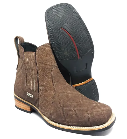 Bota Texana Reizinho Premium de Couro Legítimo de Elefante Marrom - Cano Curto Elástico, Bico Quadrado - Solado X-Flex Artesanal