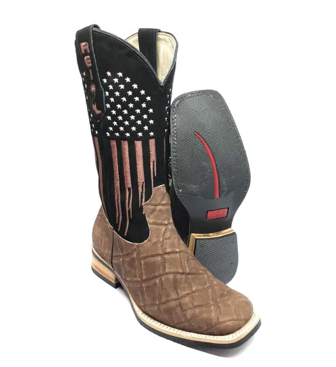 Bota Texana Reizinho Premium de Couro Legítimo de Elefante Marrom LIMITED EDITION - Cano Alto, Bico Quadrado - Solado X-Flex Artesanal