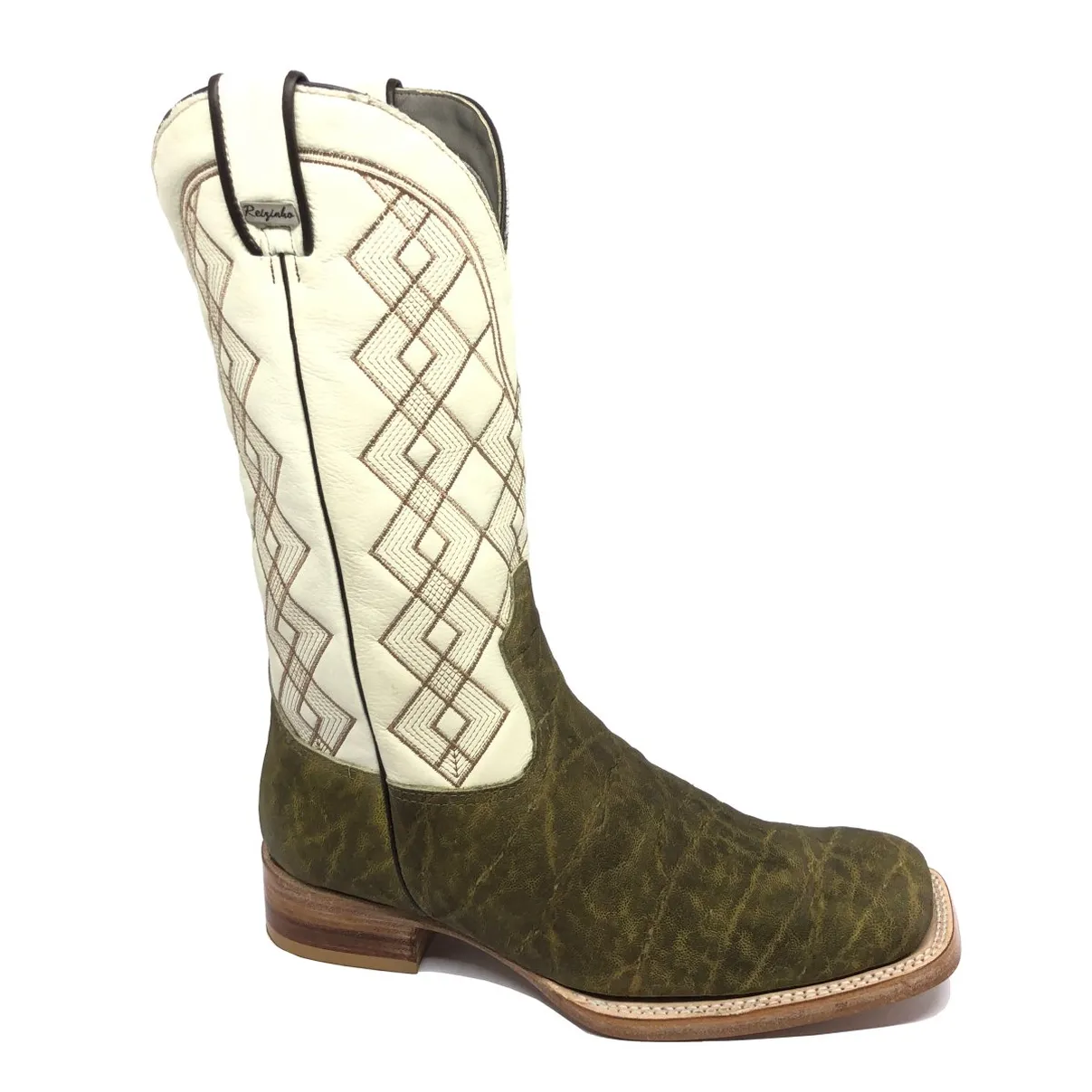 Bota Texana Reizinho Premium de Couro Legítimo de Elefante Verde Musgo - Cano Alto, Bico Quadrado - Solado de Couro Artesanal