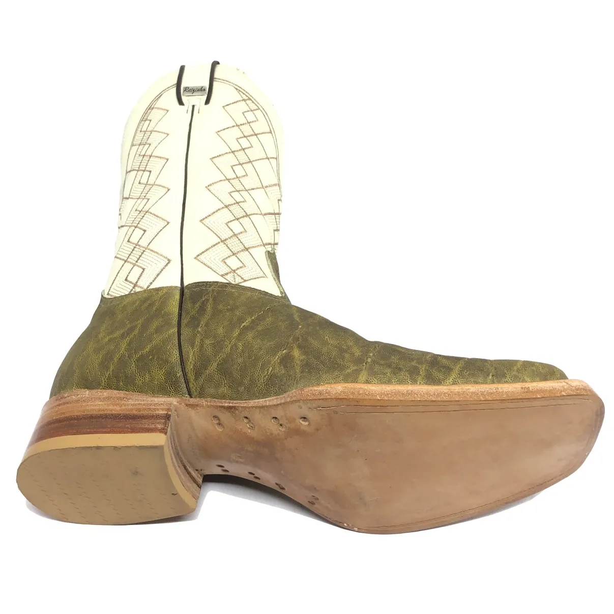 Bota Texana Reizinho Premium de Couro Legítimo de Elefante Verde Musgo - Cano Alto, Bico Quadrado - Solado de Couro Artesanal