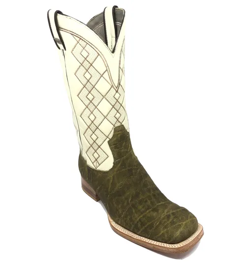 Bota Texana Reizinho Premium de Couro Legítimo de Elefante Verde Musgo - Cano Alto, Bico Quadrado - Solado de Couro Artesanal | Reizinho Botas