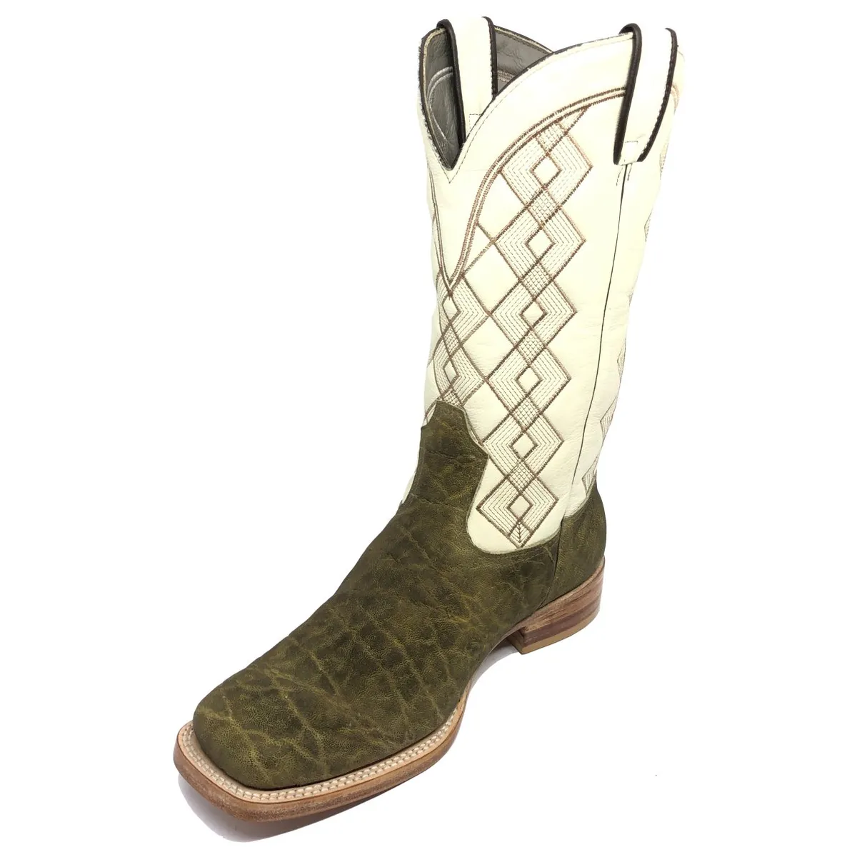 Bota Texana Reizinho Premium de Couro Legítimo de Elefante Verde Musgo - Cano Alto, Bico Quadrado - Solado de Couro Artesanal