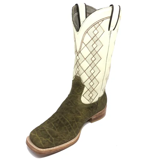 Bota Texana Reizinho Premium de Couro Legítimo de Elefante Verde Musgo - Cano Alto, Bico Quadrado - Solado de Couro Artesanal | Reizinho Botas