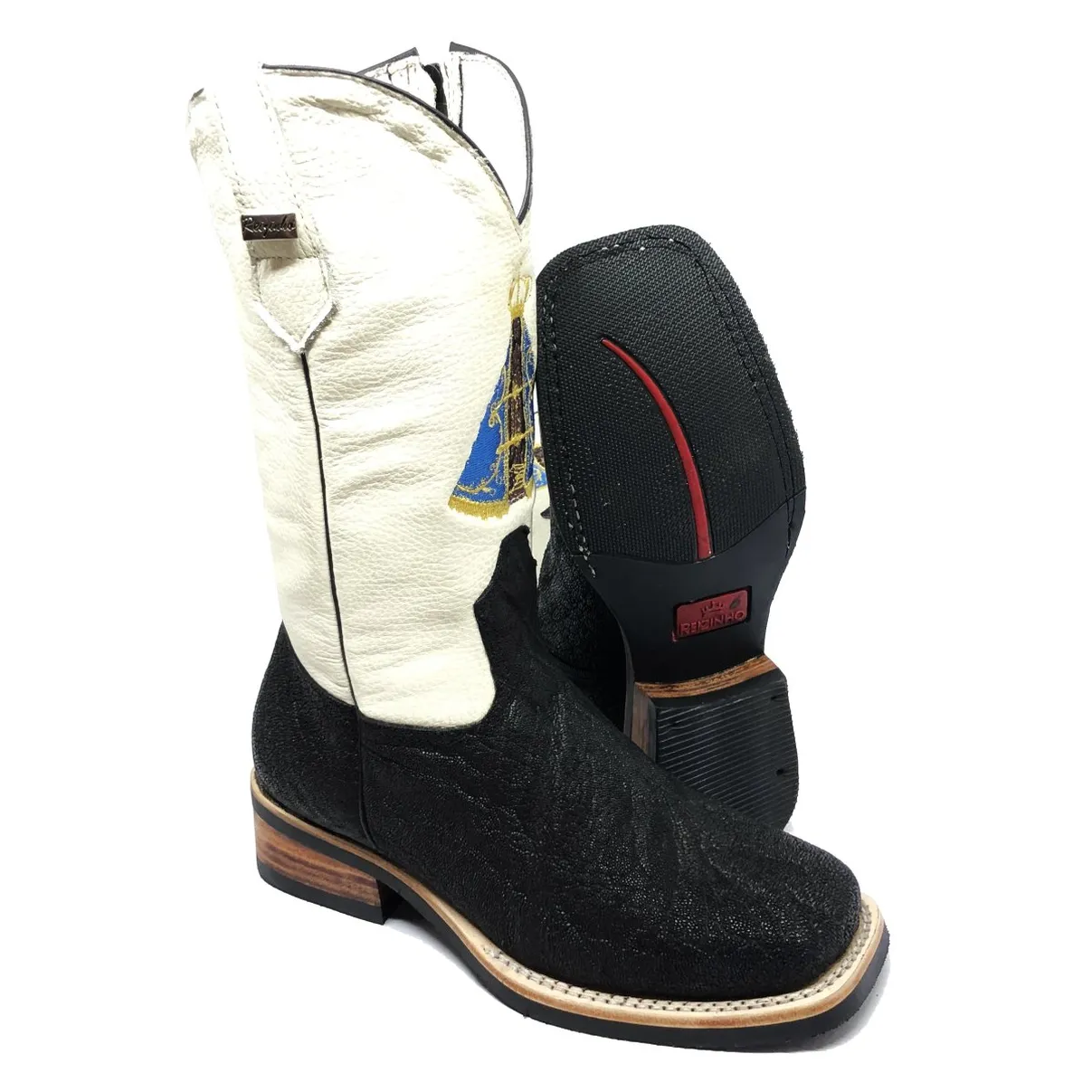 Bota Texana Reizinho Premium de Couro Legítimo de Elefante Preto - Cano Alto, Bico Quadrado - Solado X-Flex Artesanal | Reizinho Botas