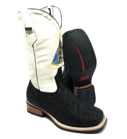 Bota Texana Reizinho Premium de Couro Legítimo de Elefante Preto - Cano Alto, Bico Quadrado - Solado X-Flex Artesanal | Reizinho Botas