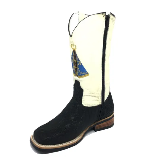 Bota Texana Reizinho Premium de Couro Legítimo de Elefante Preto - Cano Alto, Bico Quadrado - Solado X-Flex Artesanal | Reizinho Botas