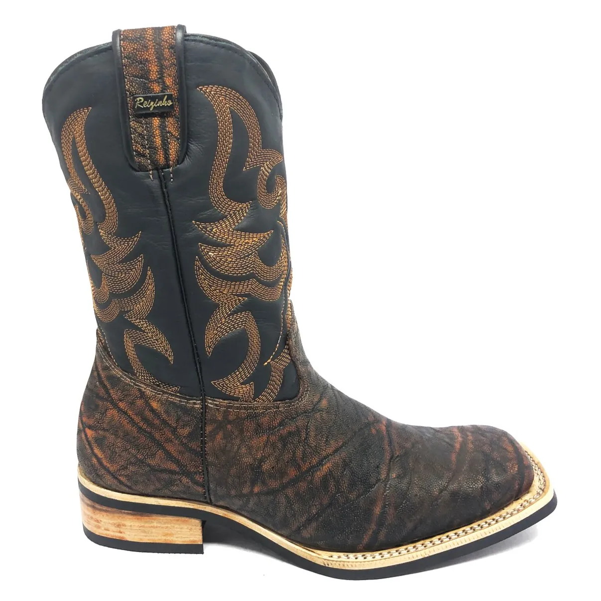 Bota Texana Reizinho Premium de Couro Legítimo de Elefante Volcano - Cano Médio, Bico Quadrado - Solado X-Flex Artesanal