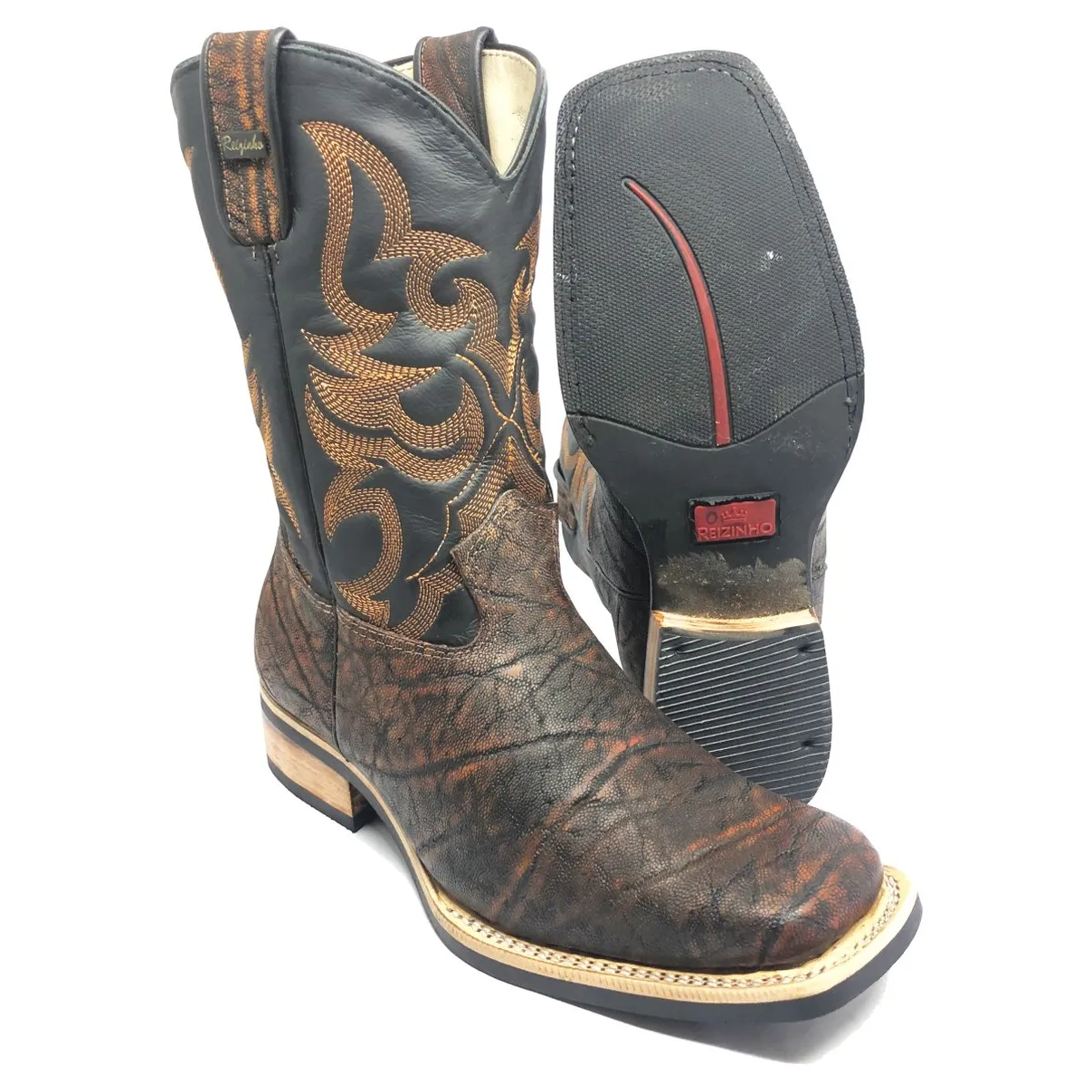 Bota Texana Reizinho Premium de Couro Legítimo de Elefante Volcano - Cano Médio, Bico Quadrado - Solado X-Flex Artesanal