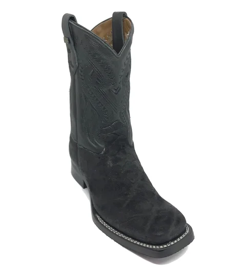Bota Texana Reizinho Premium de Couro Legítimo de Elefante Preto LIMITED EDITION - Cano Médio, Bico Quadrado - Solado X-
